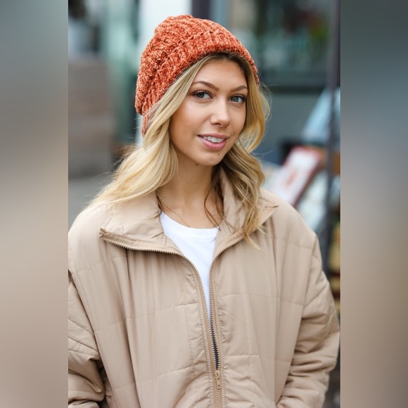 Rust Knit Velvet Chenille Fold Over Beanie - Picture 4 of 10